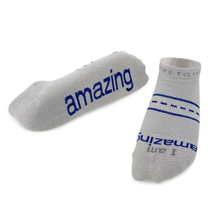 'I am amazing'® grey 'LITE-NOTES'™ socks - blue words