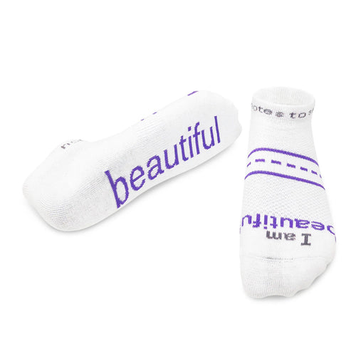 'I am beautiful'™ white 'LITE-NOTES'™ socks - light purple words