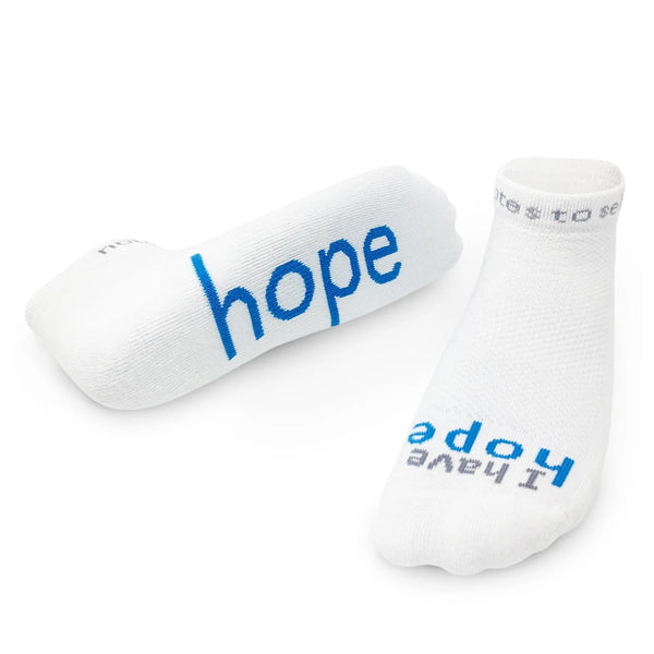 'I have hope'® white low-cut socks with blue words