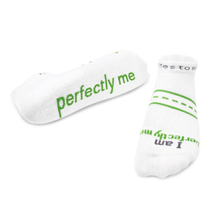 'I am perfectly me'® white 'LITE-NOTES'™ socks - light green words