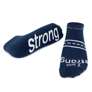 'I am strong'™ dark navy blue 'LITE-NOTES'™ socks - white words
